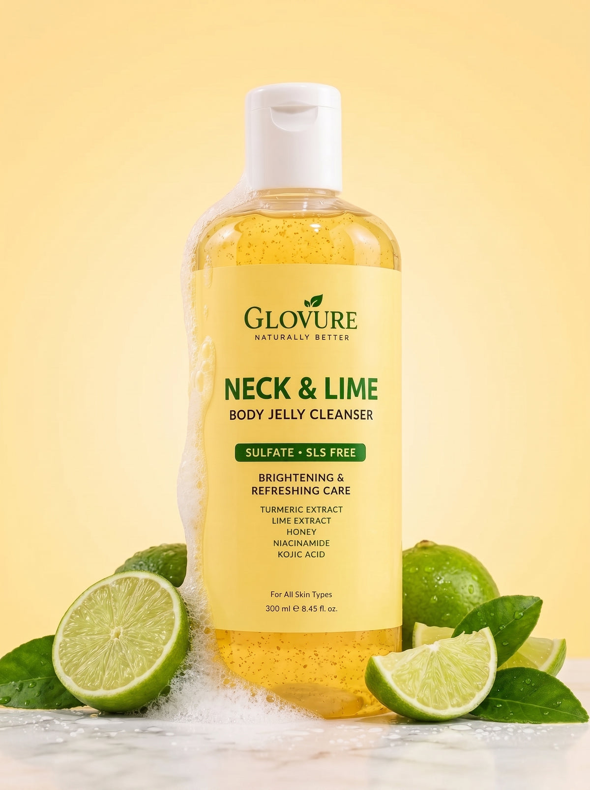 Glovure Neck & Lime Body Jelly Cleanser 300ml bottle with fresh limes