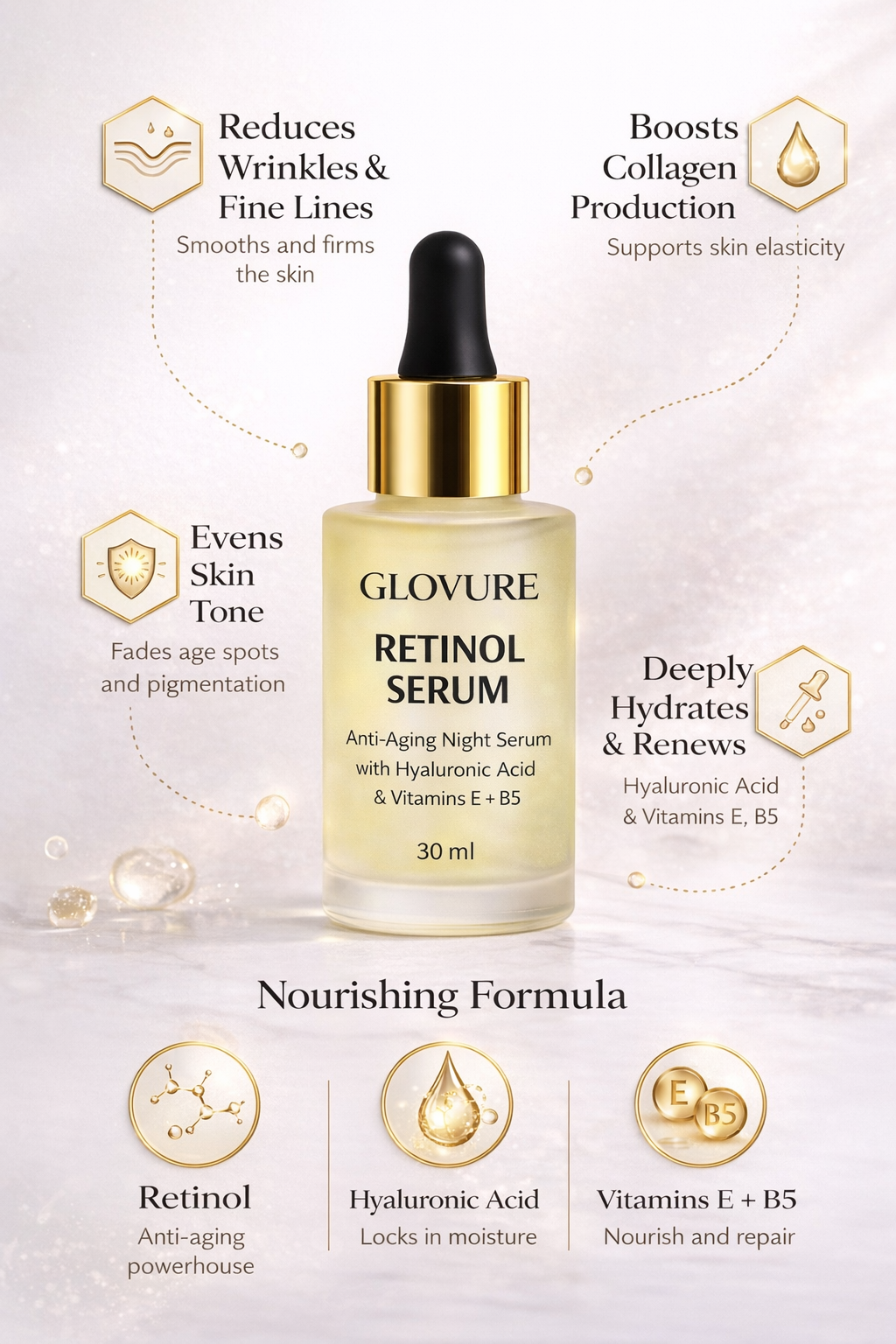 Retinol Anti-Aging Night Serum with Hyaluronic Acid & Vitamins E + B5