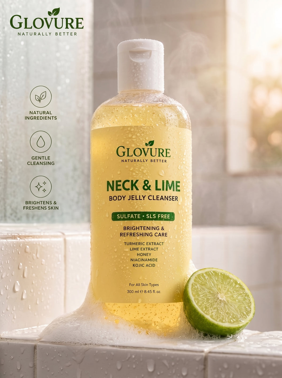 Neck & Lime Body Jelly Cleanser in the shower — natural ingredients, gentle cleansing, brightens skin